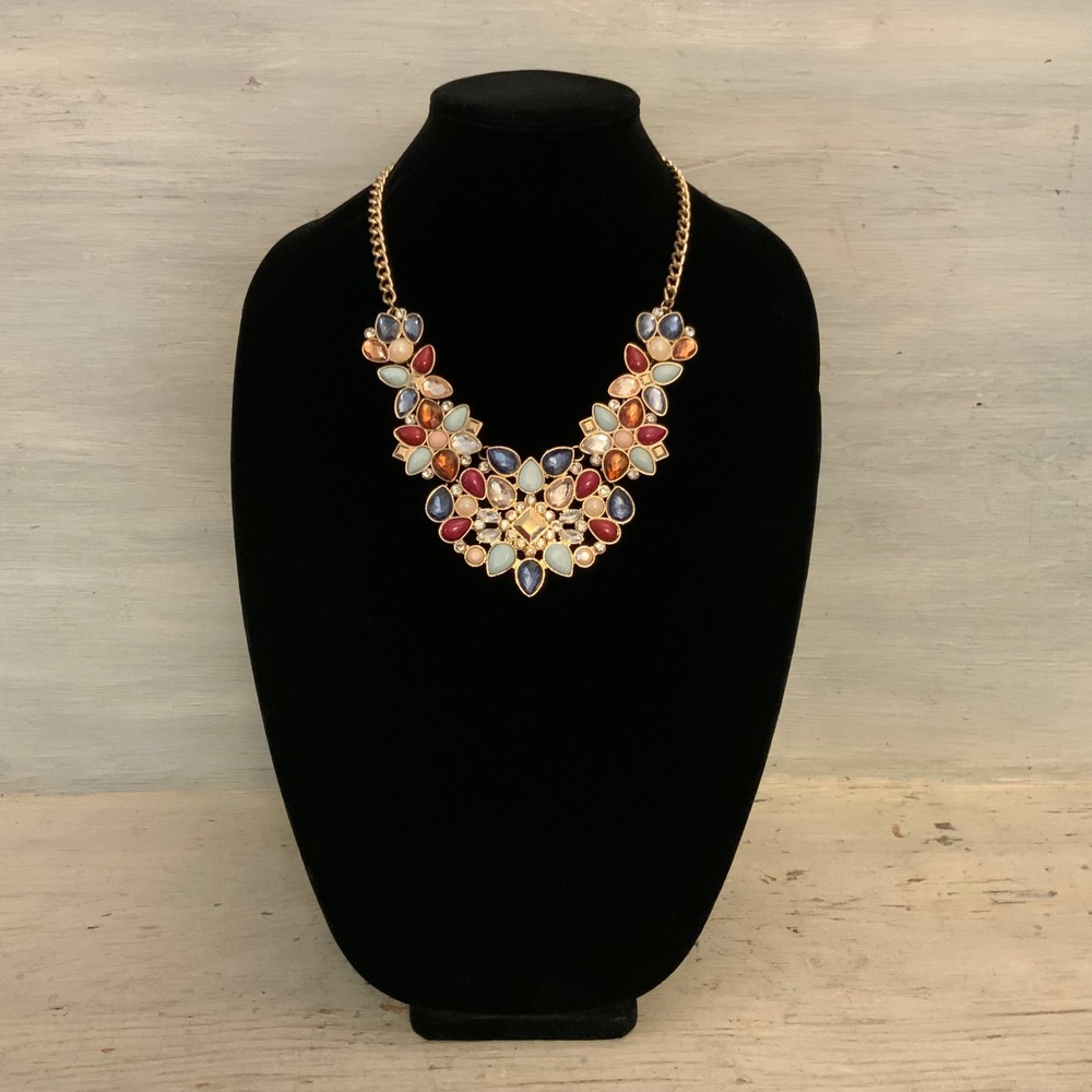 Colorful Faux Gemstone/Rhinestone Collar Bib Statement Necklace 18-20.5"‎ GC